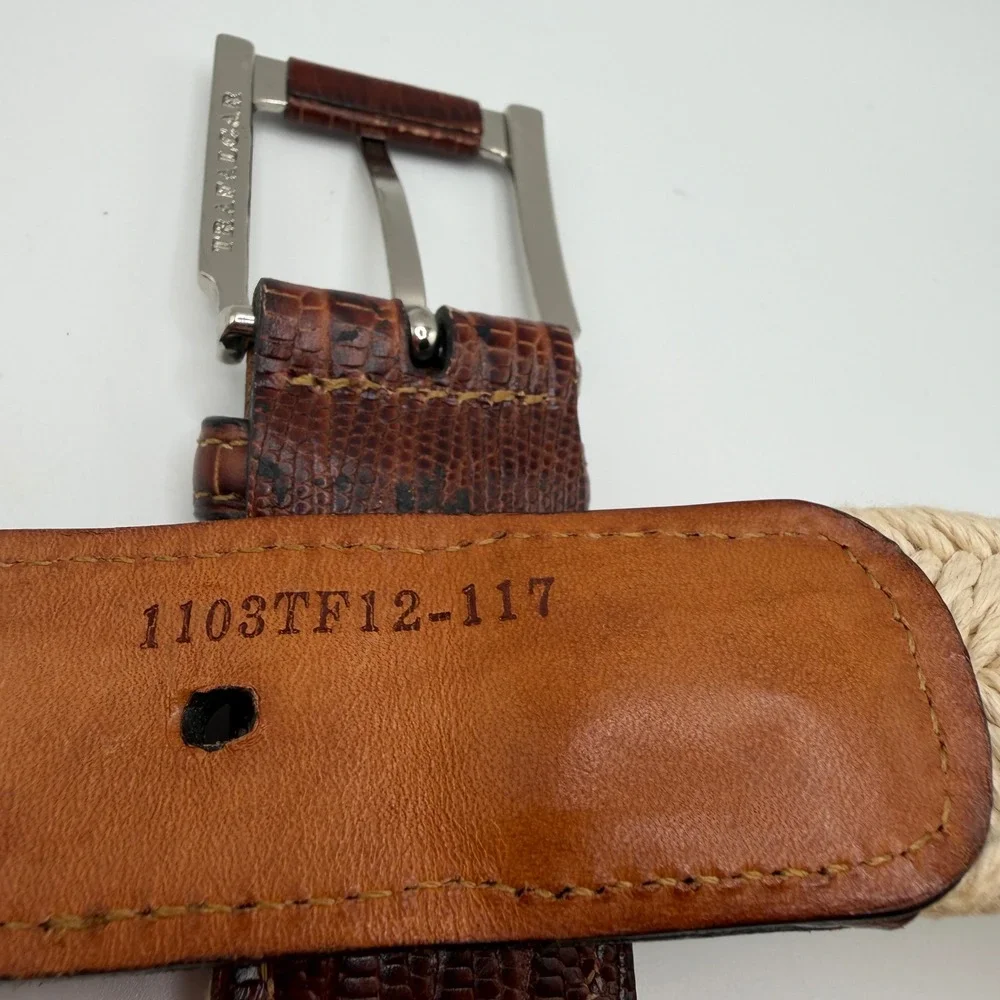 Trafalgar Mens Woven Cotton Rope Belt Lizard Embossed Leather Trim 38 Brown‎ USA